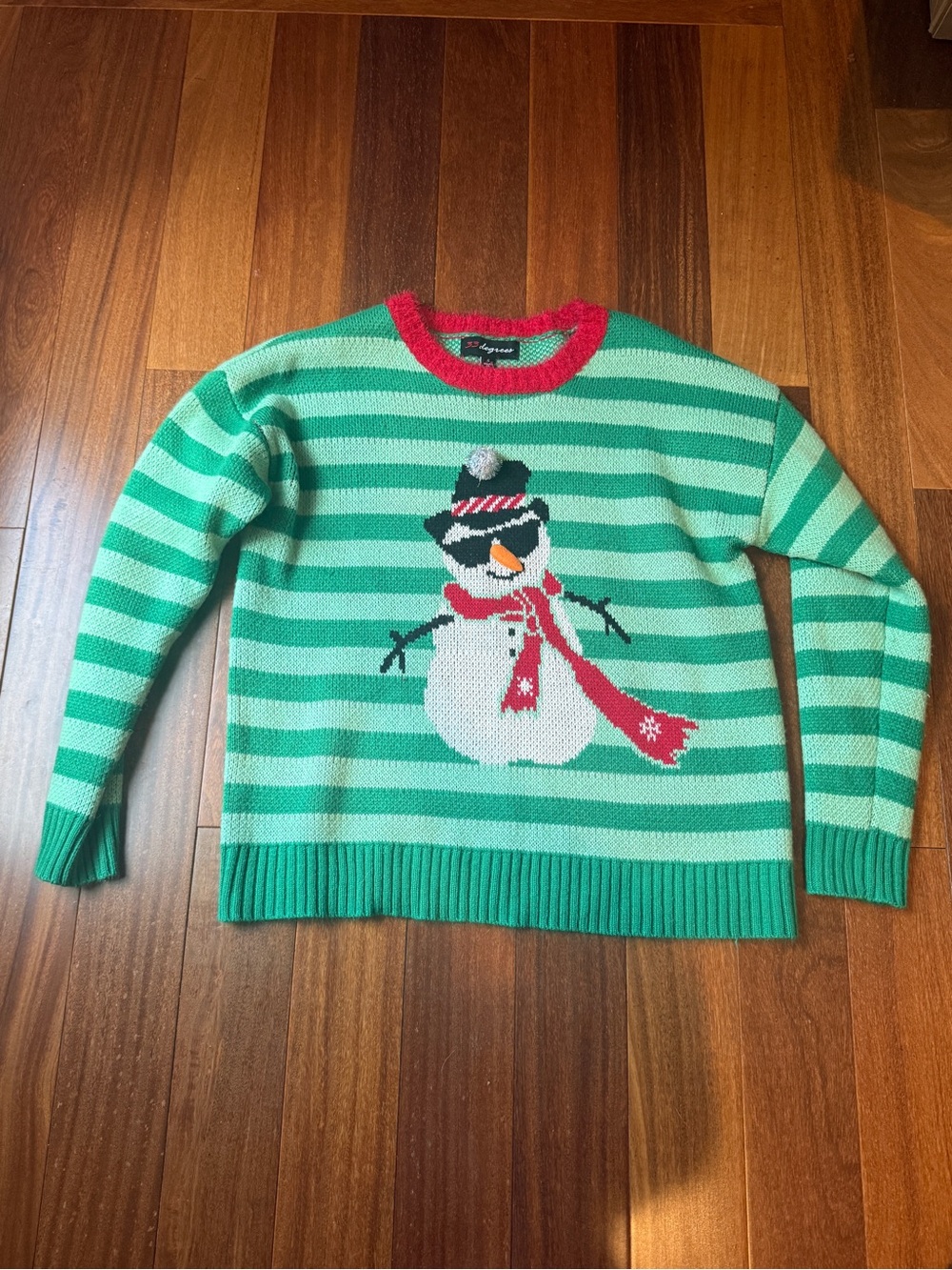 33 Degrees Festive Striped Snowman Sweater in Green & Mint